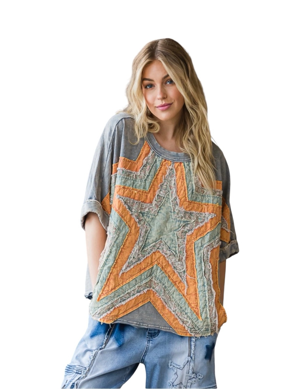 Oli & Hali Washed Star Gray Orange Green Patchwork Top Size L